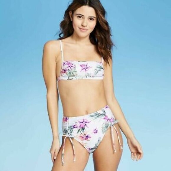 Xhilaration White Purple Floral Cheeky High Waist Bikini Bottom - Picture 1 of 9
